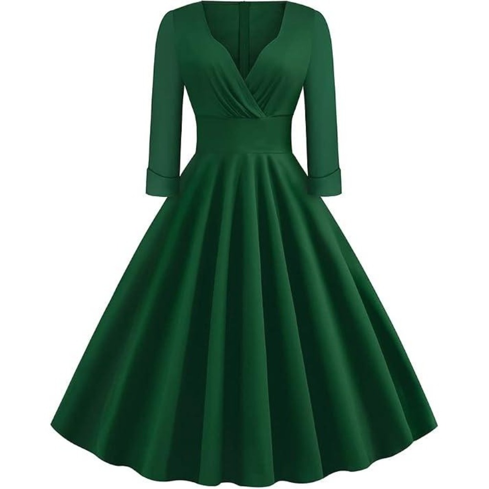 MSRP $51 IWEMEK Womens S Deep Green Fall 3/4 Sleeve 1950s Cocktail Swing Dress